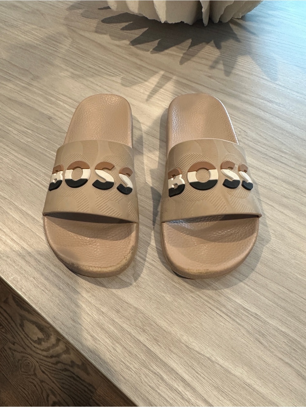 Boss Tan Slide Sandals with Raised Logo